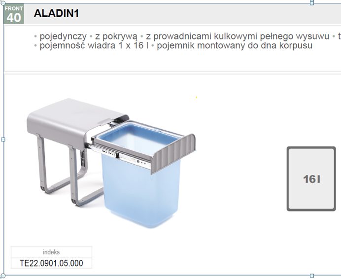 картинка Система мусорных ведер ALADIN1 30 одинарная, 1x16л. Направляющие шариковые полного выджения 