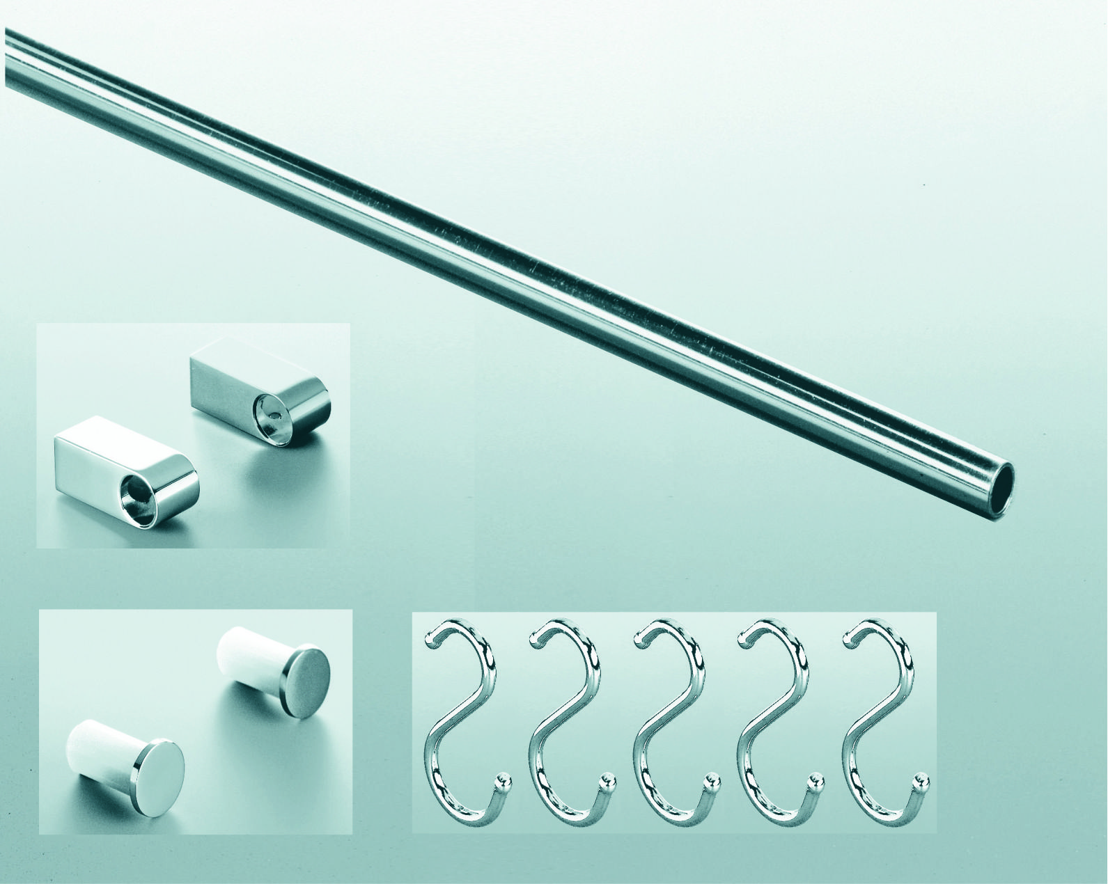 картинка Комплект рейлинга, Линеро Классик 600 мм, труба, 2 заглушки, 2 держателя, 5 крючков, цвет ХРОМ глянцевый (0180360005) 